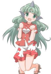 Rule 34 | 1girl, :d, animal ears, blush, breasts, brown footwear, cloud print, collared shirt, commentary request, curly hair, fang, geta, green eyes, green hair, hands up, horns, kariyushi shirt, komano aunn, long hair, open mouth, paw pose, print shirt, print shorts, red shirt, shino megumi, shirt, short shorts, short sleeves, shorts, simple background, single horn, small breasts, smile, solo, touhou, very long hair, white background, white shorts