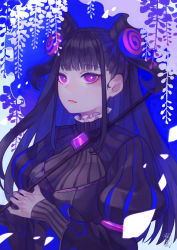 Rule 34 | 1girl, black dress, black hair, blunt bangs, breasts, bright pupils, chest jewel, closed mouth, commentary request, double bun, dress, fate/grand order, fate (series), flower, gem, hair bun, hair ornament, highres, holding, holding umbrella, juliet sleeves, large breasts, long hair, long sleeves, looking at viewer, murasaki shikibu (fate), parasol, puffy sleeves, purple eyes, sidelocks, signature, sleeves past wrists, solo, sophie usui, striped, umbrella, upper body, vertical stripes, white pupils, wisteria