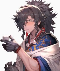 Rule 34 | 1boy, alcohol, alternate costume, bead necklace, beads, black gloves, black hair, bottle, fate/grand order, fate (series), gloves, hair over one eye, highres, japanese clothes, jewelry, kimono, koha-ace, lack, male focus, necklace, okada izou (fate), okada izou (festival outfit) (fate), ponytail, sake, sake bottle, solo, wide-eyed, yellow eyes