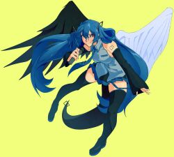 Rule 34 | 1girl, angel wings, aqua necktie, asymmetrical wings, bare shoulders, black sleeves, blizzardingpike, blue hair, cosplay, detached sleeves, dizzy (guilty gear), guilty gear, hair rings, hatsune miku, hatsune miku (cosplay), highres, long hair, looking at viewer, monster girl, necktie, number tattoo, red eyes, shirt, skirt, solo, tail, tattoo, thighhighs, twintails, very long hair, vocaloid, wings