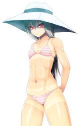 Rule 34 | 1girl, abs, amano shinobu, bare shoulders, bikini, collarbone, flat chest, grey hair, hat, highres, long hair, looking at viewer, navel, onibi (foxhound4185), original, red eyes, simple background, solo, standing, striped bikini, striped clothes, swimsuit, tan, tanline, toned, white background