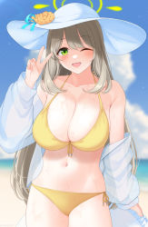 Rule 34 | 1girl, ;d, beach, bikini, blue archive, blue sky, blush, breasts, brown hair, cleavage, cloud, collarbone, crab, day, fingernails, flower hat, green eyes, halo, hand up, hat, highres, holding, large breasts, long hair, looking at viewer, momoiro lettuce, navel, nonomi (blue archive), nonomi (swimsuit) (blue archive), ocean, one eye closed, open mouth, sky, smile, solo, standing, swimsuit, thighs, twitter username, v, white hat, yellow bikini