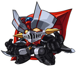 Rule 34 | chibi, full body, highres, looking at viewer, mazinger (series), mazinger zero (mecha), mecha, no humans, open hands, pillar buster, robot, science fiction, shin mazinger zero, simple background, solo, super robot, white background, yellow eyes