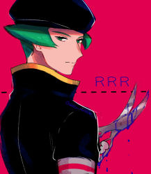 Rule 34 | 1boy, black hat, black jacket, closed mouth, commentary request, creatures (company), delta nonbiri, dripping, elbow gloves, eyelashes, from behind, game freak, gloves, green eyes, green hair, grey gloves, hat, holding, holding scissors, jacket, liquid, looking back, male focus, nintendo, pink background, pokemon, pokemon hgss, proton (pokemon), scissors, short hair, simple background, smile, solo, team rocket, team rocket uniform