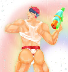 Rule 34 | 1boy, artist request, ass, bara, clothes lift, feet out of frame, green eyes, gyee, headband, holding, holding water gun, huge ass, kaminani20, looking back, male focus, male swimwear, manly, mature male, muscular, muscular male, musso (gyee), rain, rainbow, red hair, shirt lift, short hair, simple background, smirk, solo, spiked hair, swim briefs, swimsuit, tank top, water drop, water gun, wet, wet clothes, white male swimwear, white swim briefs