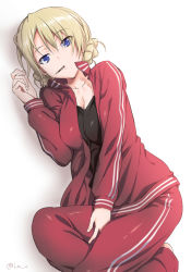 Rule 34 | 10s, 1girl, between legs, black shirt, blonde hair, blue eyes, braid, breasts, cleavage, collarbone, darjeeling (girls und panzer), eyes visible through hair, food, girls und panzer, gym uniform, hand between legs, inu (aerodog), jacket, large breasts, lips, looking at viewer, lying, mouth hold, on side, open clothes, open jacket, pants, pocky, red jacket, red pants, shirt, solo, track jacket, track pants, track suit, twitter username