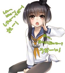 Rule 34 | 10s, 1girl, bad id, bad pixiv id, black hair, brown eyes, hairband, hat, kantai collection, looking at viewer, meaomao, multicolored hair, open mouth, pantyhose, short hair with long locks, silver hair, simple background, sitting, solo, tokitsukaze (kancolle), translated, two-tone hair