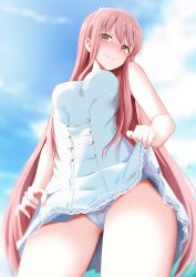 Rule 34 | 1girl, blush, breasts, brown eyes, dress, fate/grand order, fate (series), from below, ginhaha, grin, highres, lifting own clothes, long hair, medb (fate), medb (lostroom outfit) (fate), medium breasts, panties, panty peek, parted lips, pink hair, simple background, sky, smile, solo, standing, tiara, underwear, white dress, white panties