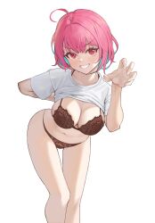 Rule 34 | 1girl, absurdres, ahoge, aqua hair, arm behind back, bob cut, bra, breasts, brown bra, brown panties, claw pose, cleavage, clenched teeth, clothes lift, collarbone, colored inner hair, ddul (hauluimubingoj1), fingernails, hair intakes, heart, heart in eye, highres, idolmaster, idolmaster cinderella girls, idolmaster cinderella girls starlight stage, knees, lace, lace-trimmed bra, lace-trimmed panties, lace trim, large breasts, leaning forward, legs, lifting own clothes, looking at viewer, multicolored hair, navel, panties, pink eyes, pink hair, shirt, shirt lift, short sleeves, simple background, smile, solo, stomach, symbol in eye, t-shirt, teeth, thighs, two-tone hair, underwear, v-shaped eyebrows, white background, white shirt, yumemi riamu