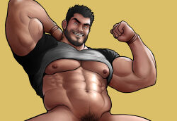 Rule 34 | 1boy, bara, beard stubble, biceps, black hair, bottomless, clothes lift, cowboy shot, facial hair, gherod, glint, groin, highres, large pectorals, looking at viewer, lucas lee, male focus, male pubic hair, mature male, muscular, muscular male, pectorals, pubic hair, scott pilgrim (series), scott pilgrim takes off, seductive smile, shirt, shirt lift, short hair, short sleeves, smile, solo, stubble, t-shirt, tight clothes, tight shirt, underpec, wrinkled skin