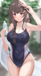 Rule 34 | 1girl, :o, absurdres, armpits, backlighting, black one-piece swimsuit, blush, bottle, braid, breasts, brown hair, cameltoe, cleavage, collarbone, competition school swimsuit, covered navel, hair between eyes, highres, large breasts, long hair, looking at viewer, one-piece swimsuit, original, red eyes, school swimsuit, solo, swimsuit, thighs, toratora (nanahaba), towel, water bottle, wet