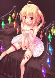Rule 34 | 1girl, ahoge, babydoll, bare arms, bare legs, bare shoulders, bed sheet, blonde hair, blush, breasts, bridal garter, censored, collarbone, commentary request, crystal, fang, flandre scarlet, leg ribbon, looking at viewer, navel, nipples, on bed, one side up, pillow, pink babydoll, pussy, red eyes, ribbon, sitting, small breasts, smile, solo, strap slip, thigh ribbon, touhou, wings, yayoi and nagi