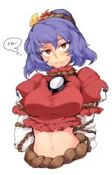 Rule 34 | 1girl, :|, arms behind back, bdsm, blush, bondage, bound, breasts, closed mouth, hair ornament, iroyopon, juliet sleeves, large breasts, long sleeves, looking at viewer, midriff, mirror, navel, puffy sleeves, purple hair, red eyes, red shirt, rope, shimenawa, shirt, short hair, slit pupils, solo, sweatdrop, thought bubble, touhou, wavy hair, white background, yasaka kanako