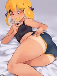 Rule 34 | 1girl, agent 4 (splatoon), ass, bare shoulders, black camisole, black shorts, blush, breasts, camisole, eyes visible through hair, fang, hand on own hip, highres, index finger raised, inkling, inkling girl, inkling player character, jtveemo, lifted by self, looking at viewer, lying, mask, medium hair, midriff, nintendo, on side, open mouth, orange hair, pointy ears, presenting, red eyes, short shorts, shorts, shorts lift, small breasts, smile, solo, splatoon (series), tan, tanline, tentacle hair, thighs, tongue, twitter username