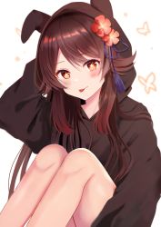 Rule 34 | 1girl, :p, alternate costume, alternate hairstyle, arm behind head, bare legs, brown hair, brown hoodie, bug, butterfly, flower, genshin impact, hair flower, hair ornament, highres, hood, hood up, hoodie, hu tao (genshin impact), insect, knees up, long hair, looking at viewer, nasii, red eyes, simple background, sitting, solo, symbol-shaped pupils, tongue, tongue out, white background