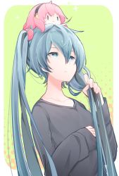 Rule 34 | 2girls, :&gt;, black shirt, blouse, blue eyes, blue hair, blush stickers, collarbone, commentary, dotted background, expressionless, flat chest, green background, hair between eyes, hand on own chest, hatsune miku, headphones, highres, holding, holding own hair, long hair, looking to the side, megurine luka, multiple girls, pink hair, shirt, smile, sparkle, takoluka, tentacles, twintails, upper body, very long hair, vocaloid, wanaxtuco, | |
