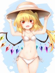 Rule 34 | 1girl, :d, arms up, bare arms, bare shoulders, bikini, blonde hair, blue background, blush, breasts, brown headwear, collarbone, commentary request, cowboy shot, crystal, fang, flandre scarlet, groin, hair between eyes, halterneck, hands on headwear, long hair, looking at viewer, marukyuu ameya, navel, one side up, open mouth, red eyes, side-tie bikini bottom, skin fang, small breasts, smile, solo, standing, stomach, swimsuit, thighs, touhou, white bikini, wings