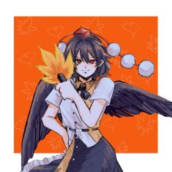 Rule 34 | 1girl, ame iru, bird wings, black skirt, black wings, closed mouth, commentary, hand fan, hat, hauchiwa, highres, holding, holding fan, looking at viewer, orange background, pom pom (clothes), red eyes, shameimaru aya, shirt, short sleeves, skirt, smile, solo, symbol-only commentary, tokin hat, touhou, white shirt, wings