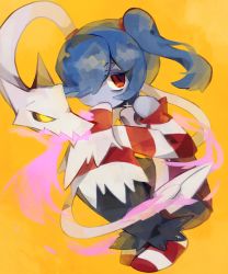 Rule 34 | blue hair, blue skin, colored skin, detached sleeves, dress, hair over one eye, highres, leviathan (skullgirls), red eyes, side ponytail, skullgirls, soresaki, squatting, squigly (skullgirls), striped, yellow background, zombie