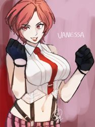 Rule 34 | 1girl, breasts, gloves, highres, large breasts, lipstick, makeup, midriff, mature female, navel, red eyes, red hair, snk, the king of fighters, vanessa (kof)