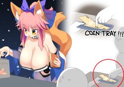 Rule 34 | !?, 1girl, 2others, animal ears, banknote, blue sleeves, bow, breasts, choker, cleavage, commentary request, cowboy shot, detached sleeves, fate/extra, fate (series), fox ears, fox girl, fox tail, hair bow, highres, holding, holding tray, holding wallet, huge breasts, leaning forward, lets0020, long hair, looking at another, looking to the side, medium bangs, money, multiple others, open mouth, pink hair, purple bow, sagging breasts, sidelocks, smile, tail, tamamo (fate), tamamo no mae (fate/extra), tray, wallet, white choker, yellow eyes