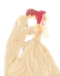 Rule 34 | 1boy, 1girl, asbel lhant, bad id, bad pixiv id, bouquet, brown hair, cheria barnes, couple, dress, elbow gloves, flower, gloves, hetero, kiss, mathuri, red hair, tales of (series), tales of graces, tuxedo, wedding, wedding dress, white background, white theme