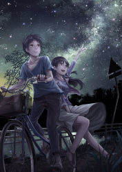 Rule 34 | 1boy, 1girl, :d, arm up, bag, basket, bicycle, black hair, blouse, brown eyes, collarbone, denim, dress, grass, hand on lap, handbag, highres, jeans, lif (lif &amp; ref), long hair, milky way, multiple riders, night, night sky, no socks, open mouth, original, outdoors, pants, pointing, railing, riding, road sign, sandals, satchel, shirt, short hair, short sleeves, sidesaddle, sign, sky, smile, star (sky), starry sky, t-shirt, tire, water, wind