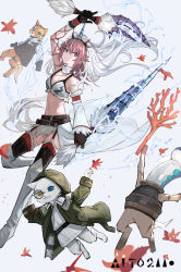 Rule 34 | 1girl, aito, arknights, arm up, armor, belt, bikini, black belt, black gloves, blue eyes, breasts, brown hair, cat, coral, detached sleeves, dual wielding, electricity, floating hair, garter straps, gloves, hair between eyes, heterochromia, highres, holding, holding weapon, horns, kirin r yato (arknights), long hair, looking at viewer, multicolored hair, navel, official alternate costume, pointy ears, simple background, small breasts, solo, stomach, swimsuit, weapon, white background, white bikini, white hair, white sleeves, yato (arknights)