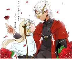 Rule 34 | 1boy, 1girl, accessories, amakusa shirou (fate), bad id, bad twitter id, bell, black gloves, blonde hair, blush, cape, capelet, closed mouth, commentary request, cross, cross necklace, dark-skinned male, dark skin, earrings, elbow gloves, fate/apocrypha, fate/grand order, fate (series), flower, fur trim, glitter, gloves, hair ribbon, headpiece, helmet, jeanne d&#039;arc alter (fate), jeanne d&#039;arc (fate), jeanne d&#039;arc (ruler) (fate), jeanne d&#039;arc alter santa lily (fate), jewelry, leaf, long hair, mask, necklace, ni1ten xx00, petals, ribbon, rose, rose petals, short hair, stole, translation request, white background, white hair, yellow eyes