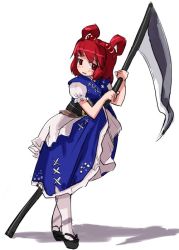 Rule 34 | 1girl, blush, female focus, hair bobbles, hair ornament, hirosato, japanese clothes, onozuka komachi, red eyes, red hair, scythe, sexually suggestive, simple background, solo, touhou, twintails, two side up, white background