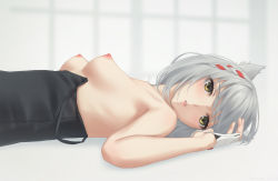 Rule 34 | 1girl, animal ears, bad id, bad pixiv id, black camisole, braid, breasts, breasts out, camisole, cat ears, fingerless gloves, gloves, grey hair, highres, looking at viewer, lying, medium breasts, mio (xenoblade), miura-n315, on back, perky breasts, short hair, single braid, solo, upper body, xenoblade chronicles (series), xenoblade chronicles 3