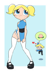 Rule 34 | 1boy, 1girl, black footwear, black pants, blonde hair, blue background, blue dress, blue eyes, blue shirt, blush, boomer (ppg), breasts, bubbles (ppg), cartoon network, chibi, closed eyes, dress, dress tug, embarrassed, floating, food, fruit, grin, heart, highres, long sleeves, looking up, mary janes, medium breasts, oira wa arumajiro, panties, pants, peach, powerpuff girls, shirt, shoes, short dress, short hair, sleeveless, sleeveless dress, smile, spoken food, teeth, thighhighs, twintails, underwear, white panties, white thighhighs