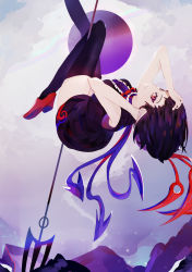 Rule 34 | 1girl, absurdres, asymmetrical wings, backlighting, black dress, black hair, black thighhighs, breasts, closed mouth, dress, full body, hands on own head, highres, houjuu nue, leg up, looking at viewer, medium breasts, naufaldreamer, neck ribbon, planted, pointy ears, pole dancing, polearm, red eyes, red footwear, red ribbon, ribbon, rock, short dress, short hair, sleeveless, sleeveless dress, smile, solo, thighhighs, touhou, trident, weapon, wings, zettai ryouiki