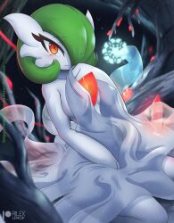 Rule 34 | 1girl, artist name, bare shoulders, bare tree, bed sheet, between legs, blanket, blurry, blurry background, blurry foreground, blush, bob cut, breasts, closed mouth, collarbone, colored skin, covered erect nipples, creatures (company), female focus, game freak, gardevoir, gem, gen 3 pokemon, glowing, green hair, hair over one eye, hand between legs, hand on own chest, hand up, highres, holding, kneeling, looking at viewer, medium breasts, naked sheet, navel, nintendo, nude, one eye covered, orange eyes, patreon logo, patreon username, pokemon, pokemon (creature), red gemstone, rilex lenov, see-through, seiza, short hair, sitting, solo, tree, watermark, web address, white skin