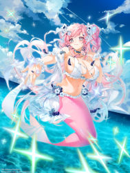 Rule 34 | 1girl, bikini, blue nails, blush, braid, breasts, cleavage, cloud, cloudy sky, flower, frederica (z/x), frills, grey eyes, hair flower, hair ornament, hair ribbon, highres, large breasts, looking at viewer, mermaid, monster girl, nail polish, navel, obiwan, ocean, outstretched arm, pink hair, ribbon, side braid, sky, smile, solo, sparkle, swimsuit, twintails, white bikini, z/x