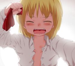 Rule 34 | 1girl, backlighting, bad id, bad pixiv id, blonde hair, blush, collarbone, crying, fangs, hair ribbon, long sleeves, mizuga, open clothes, open mouth, open shirt, pulling, ribbon, rumia, solo, tears, touhou