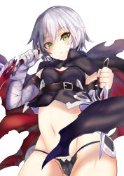 Rule 34 | 1girl, absurdres, amamitsu kousuke, bandaged arm, bandages, black panties, blush, breasts, cloak, cowboy shot, dagger, dual wielding, fate/apocrypha, fate (series), from below, green eyes, grey hair, highres, holding, holding weapon, jack the ripper (fate/apocrypha), knife, looking at viewer, navel, panties, parted lips, short hair, simple background, small breasts, solo, underwear, upper body, weapon, white background
