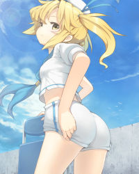 Rule 34 | 1girl, ass, bad id, bad nicoseiga id, blonde hair, chair, cloud, day, female focus, folding bicycle, folding chair, from side, hat, highres, huge ass, kitashirakawa chiyuri, looking at viewer, looking back, midriff, neckerchief, nichiki, sailor, sailor collar, sailor hat, short hair, shorts, sky, solo, touhou, touhou (pc-98), twintails, yellow eyes