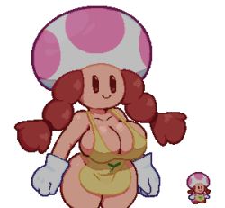 Rule 34 | 1girl, apron, braid, breasts, brown hair, cleavage, collarbone, gloves, large breasts, mario (series), minh t., naked apron, nintendo, paper mario, paper mario 64, smile, solo, somescrub, thick thighs, thighs, toad (mario), twin braids, white background, wide hips