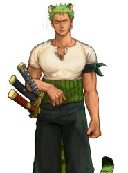 Rule 34 | 1boy, animal ears, annoyed, dongdy tk, green hair, green tail, highres, male focus, muscular, muscular male, one piece, pants, roronoa zoro, shirt, simple background, sword, tail, tiger ears, tiger tail, weapon, white background, white shirt