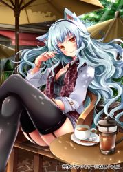 Rule 34 | 1girl, animal ears, black thighhighs, blush, breasts, cat ears, chair, cleavage, coffee, coffee mug, collarbone, company name, crossed legs, cup, garter straps, hairband, long hair, looking at viewer, medium breasts, mug, orange eyes, parted lips, picpicgram, shinkai no valkyrie, silver hair, sitting, smile, solo, sugar cube, table, thighhighs, umbrella
