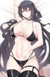 Rule 34 | 1girl, absurdres, azur lane, bikini, black bikini, black choker, black hair, black thighhighs, breasts, choker, cleavage, closed eyes, commentary, dated commentary, hair between eyes, highres, large breasts, long hair, navel, no jacket, official alternate costume, samip, solo, stomach, swimsuit, taihou (azur lane), taihou (enraptured companion) (azur lane), thighhighs, thighs, very long hair