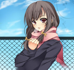 Rule 34 | 1girl, black hair, bow, breath, cloud, coat, day, fence, hair bow, leaning back, long hair, looking at viewer, open mouth, original, red eyes, scarf, sky, solo, upper body, watanuki kaname