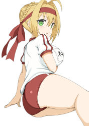 Rule 34 | 1girl, ahoge, ass, blonde hair, braid, breasts, buruma, covered erect nipples, fate/grand order, fate (series), green eyes, gym uniform, hair intakes, hairband, headband, large breasts, looking at viewer, looking back, nero claudius (fate), nero claudius (fate) (all), nero claudius (fate/extra), nero claudius (olympian bloomers) (fate), official alternate costume, parted lips, red buruma, red headband, short hair, short sleeves, sideboob, simple background, sitting, solo, toshishikisai, white background