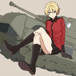 Rule 34 | 10s, 1girl, black footwear, blonde hair, blue eyes, boots, cannon, churchill (tank), commentary request, crossed legs, darjeeling (girls und panzer), emblem, epaulettes, girls und panzer, gloves, hair up, jacket, knee boots, military, military uniform, military vehicle, motor vehicle, pleated skirt, ree (re-19), school emblem, sitting, skirt, smile, solo, st. gloriana&#039;s (emblem), tank, tank turret, uniform, vehicle