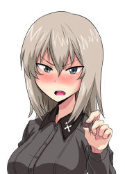 Rule 34 | &gt;:o, 10s, 1girl, :o, blush, chocolate, girls und panzer, grey eyes, incoming food, itsumi erika, long hair, long sleeves, looking at viewer, military, military uniform, mimuni362, nose blush, open mouth, silver hair, solo, uniform, upper body, v-shaped eyebrows, white background