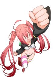 Rule 34 | 1girl, :d, ahoge, black panties, boots, bridal garter, clenched hand, crop top, crossed bangs, deatheach, fist pump, foreshortening, hair between eyes, highres, jumping, long hair, long sleeves, milim nava, navel, open mouth, panties, pink hair, red footwear, simple background, smile, solo, striped clothes, striped thighhighs, tensei shitara slime datta ken, thighhighs, twintails, underwear, very long hair, white background