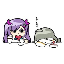 Rule 34 | 2girls, :&lt;, ahoge, arms on table, assault lily, blush, bow, bowtie, cake, cake slice, chibi, closed mouth, commentary, covered face, cup, elbow on table, food, grey hair, hair ornament, hair ribbon, hand on own cheek, hand on own face, head on table, head rest, herensuge girls academy school uniform, highres, holding, holding cup, jacket, konpeitoull (c12h22o11 tr 6), long hair, long sleeves, looking at another, looking to the side, matsumura fuuka, multiple girls, pink ribbon, plate, purple hair, red bow, red bowtie, ribbon, sasaki ran, saucer, school uniform, simple background, sleeves past fingers, sleeves past wrists, strawberry shortcake, swept bangs, tassel, tassel hair ornament, teacup, translated, twintails, white background, white jacket