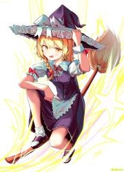 Rule 34 | 1girl, apron, arm on knee, arm up, black hat, black skirt, blonde hair, blush, bow, braid, broom, collared shirt, commentary, english commentary, fang, frills, from side, hand on headwear, hat, hat bow, highres, kirisame marisa, looking at viewer, neck ribbon, red bow, red ribbon, ribbon, sandals, shirt, short sleeves, side braid, single braid, skirt, sleeve bow, smile, socks, solo, squatting, star (symbol), touhou, twitter username, vrabius, white apron, white background, white bow, white socks, witch hat, yellow eyes