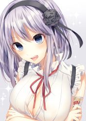 10s 1girl blue_eyes breast_hold breasts dagashi_kashi female_focus flower food hair_flower hair_ornament hairband highres large_breasts looking_at_viewer ntk_(7t5) open_mouth purple_hair shidare_hotaru solo sweets